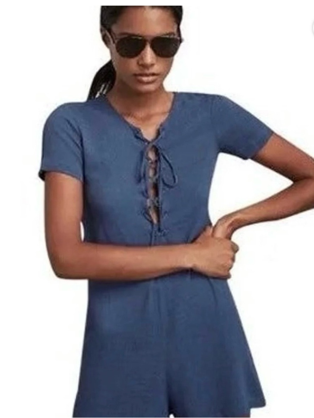 Reformation Sz S Women's Slate Blue Lace-Up Short Sleeve Romper